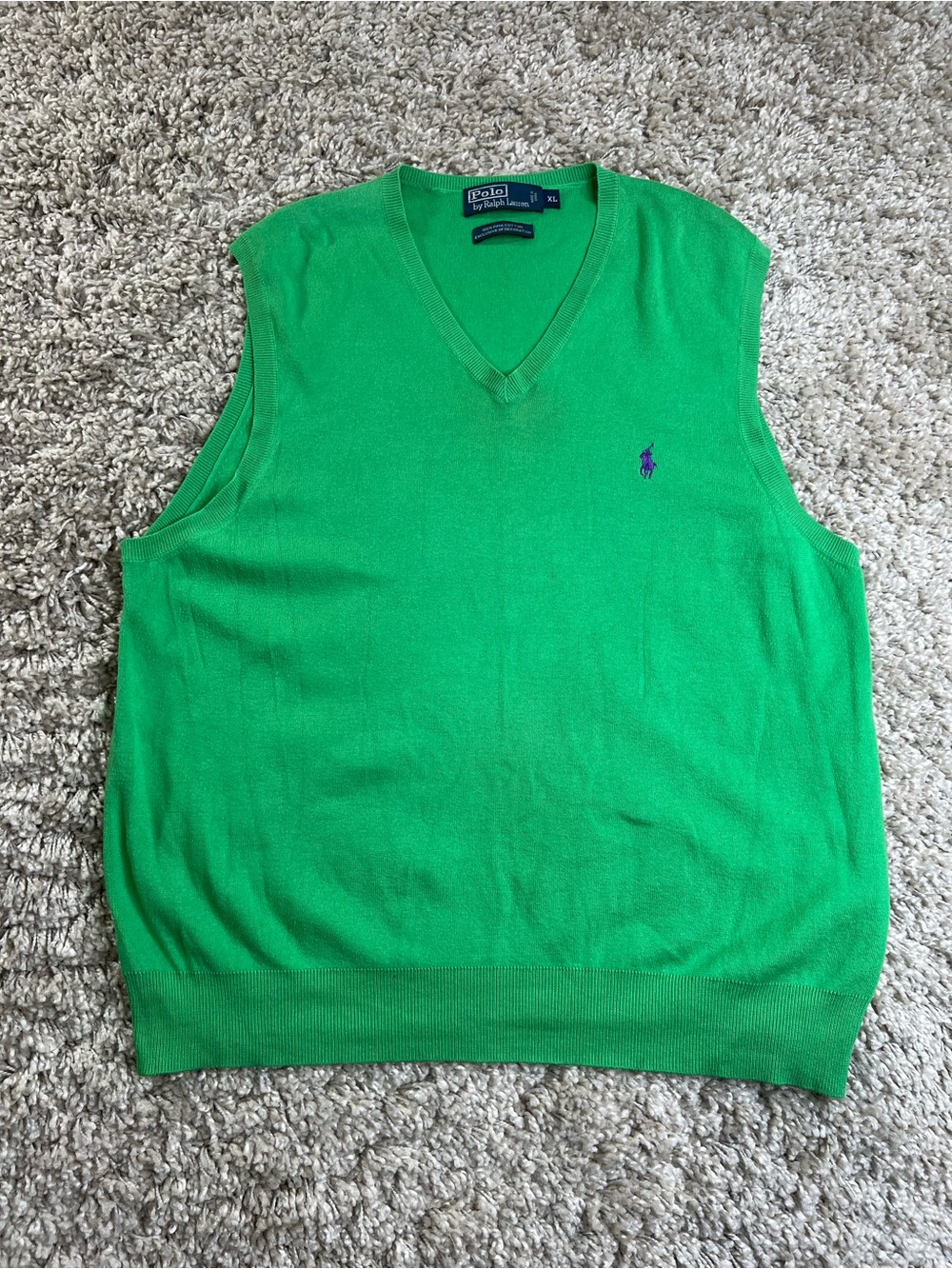 Vintage POLO Ralph Lauren Men’s Bright Green V-Neck Sweater Vest  Purple Pony